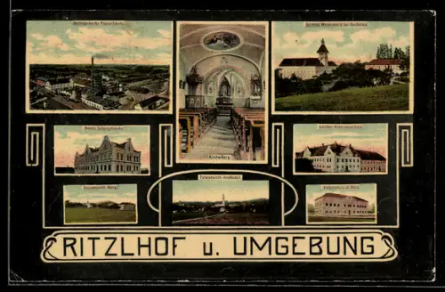 AK Ritzlhof, Nettingsdorfer Papierfabrik, neues Schulgebäude, Totalansicht-Berg, Totalansicht Ansfelden, Kirche Berg