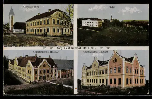 AK Ansfelden /Ob. Oestr., Gasthaus Berg, Totalansicht mit Kirche, Ackerbauschule und Obstbauschule Ritzlhof