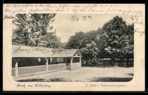 AK Wilhering, J. Muhrs Restaurantgarten mit Grünanlagen