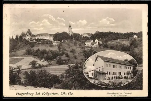 AK Hagenberg im Mühlkreis, Totalansicht mit Kirche, Kurschmied und Gasthof, Bes. R. Liebscher