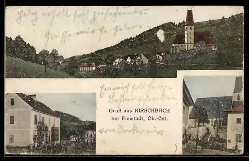 AK Hirschbach bei Freistadt, Totalansicht mit Kirche, verschiedene Ortspartien