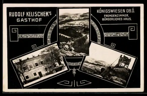 AK Königswiesen /Ob.-Ö., Totalansicht aus der Vogelschau mit Umgebung, Aussichtsturm, Gasthof Rudolf Kelitschek