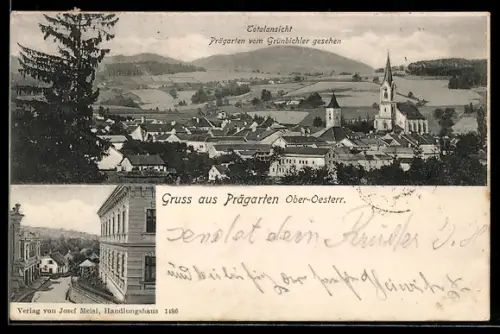AK Prägarten /Ober-Oesterr., Totalansicht vom Grünbichler aus gesehen mit Kirche