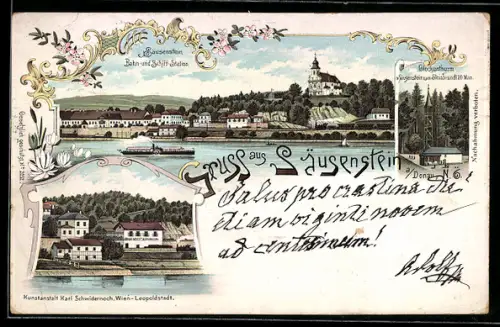Lithographie Säusenstein a. Donau, Glockenthurm, Bahn- und Schiffstation, Restaurant v. Johann Holtz