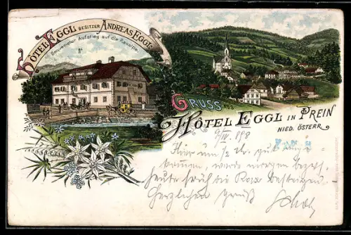 Lithographie Prein /N. Ö., Hotel Eggl, Blick zur Kirche
