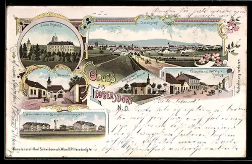 Lithographie Leobersdorf /N. Ö., Schloss Enzesfeld, Pfarrkirche, Hauptstrasse mit Carl Vitals Handlung