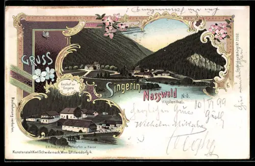 Lithographie Nasswald, Ansicht von oben, Gasthof zur Singerin