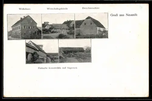 AK Neustift, Finksche Kunstmühle, Sägewerk, Wirtschaftsgebäude, Dreschmaschine