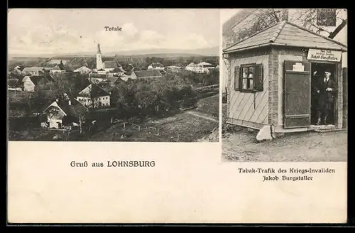 AK Lohnsburg, Tabak-Trafik des Kriegs-Invaliden Jakob Burgstaller, Ortsansicht