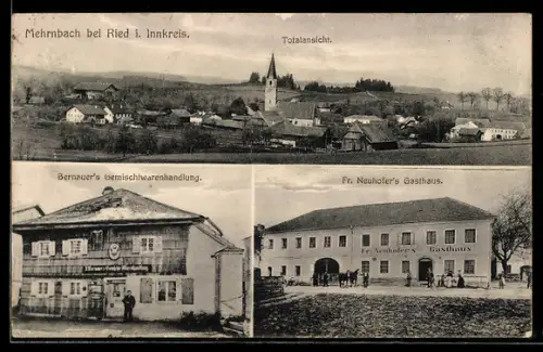 AK Mehrnbach bei Ried, Bernauer`s Gemischtwarenhandlung, Fr. Neuhofer`s Gasthaus