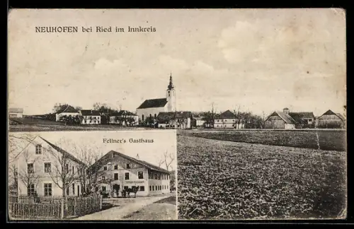 AK Neuhofen bei Ried, Fellner`s Gasthaus, Ortsansicht mit der Kirche