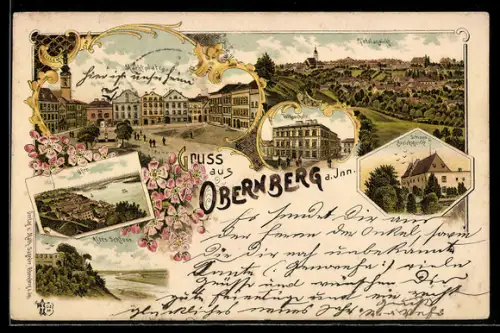 Lithographie Obernberg a. Inn, Partie am Marktplatz, Totalansicht, Volksschule und Schloss