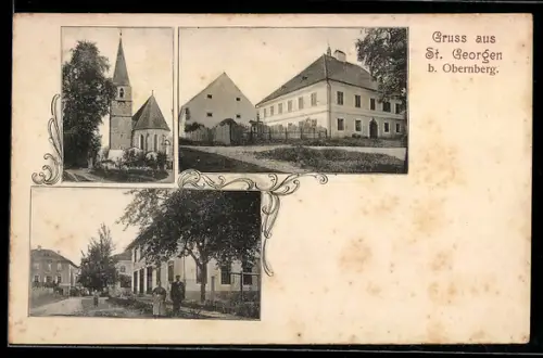 AK St. Georgen b. Obernberg, Strassenpartie im Ort, Kirche