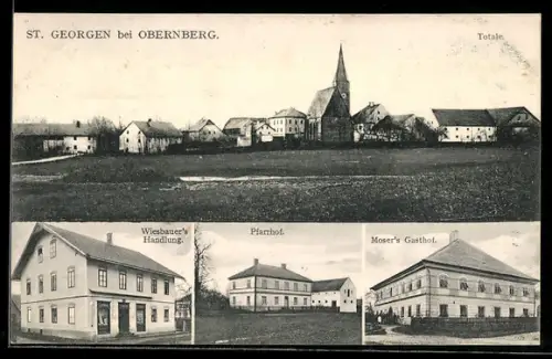 AK St. Georgen bei Obernberg, Wiesbauer`s Handlung, Moser`s Gasthof, Pfarrhof