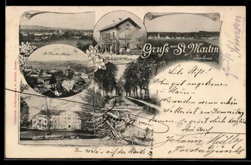AK St. Martin im Innkreis, Ortsansicht, Bahnhof, Schloss Graf von Arco-Walley, Calvarienberg