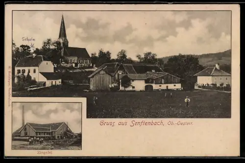 AK Senftenbach /O. Ö., Ziegelei, Ortsansicht mit Kirche