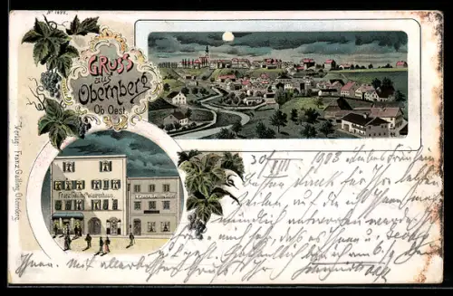 Lithographie Obernberg, Warenhaus Franz Gailing, Ortspanorama