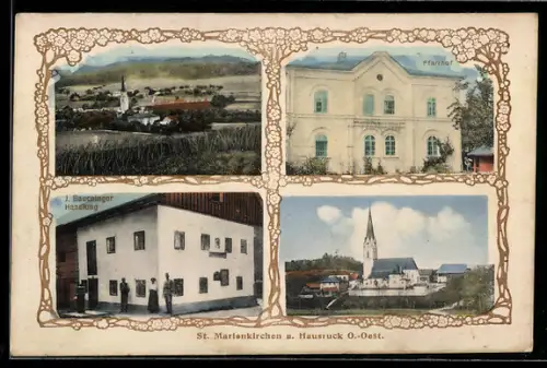 AK St. Marienkirchen a. Hausruck, J. Bauchinger Handlung, Kirche, Pfarrhof