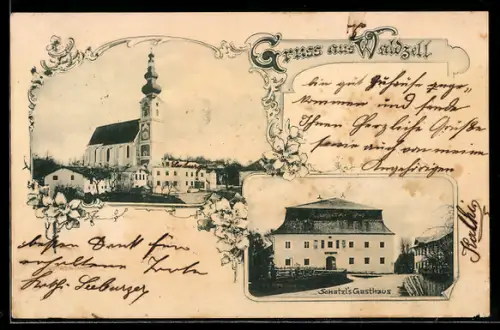 AK Waldzell, Schatzl`s Gasthaus, Blick zur Kirche