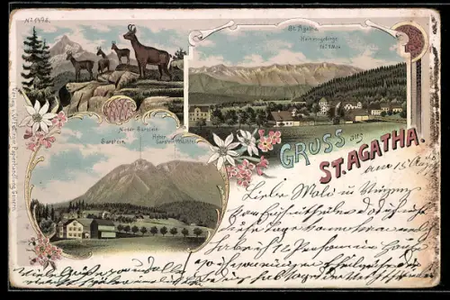 Lithographie St. Agatha, Ortsansicht gegen Heinzengebirge, Ortspartie mit Sarstein