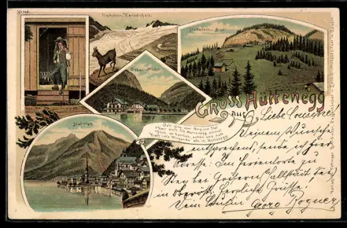 Lithographie Hallstatt, Gosau-Mühle, Hütteneck-Alpe, Ortsansicht