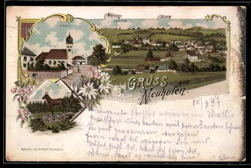 Lithographie Neuhofen an der Krems, Kirche und Gesamtansicht