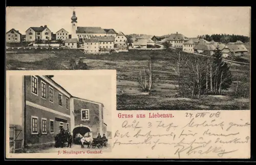 AK Liebenau /O.-Oe., J. Neulingers`s Gasthof, Ortsansicht mit Kirche
