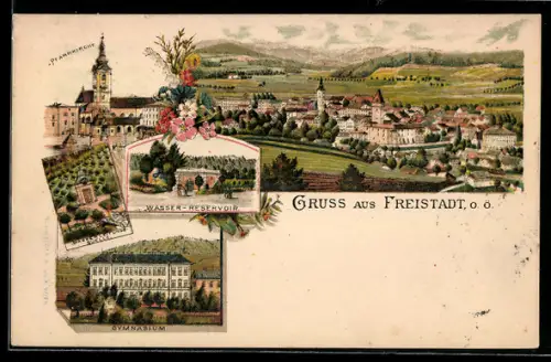Lithographie Freistadt, Gymnasium, Wasser-Reservoir, Pfarrkirche