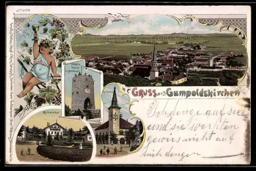 Lithographie Gumpoldskirchen, Gasthof RIchardhof, Rathaus, Wilhelm-Warte am Amninger, Totalansicht