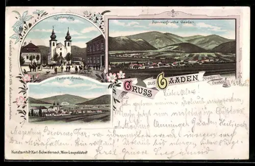 Lithographie Gaaden /N.-Ö., Kirchenplatz mit Totalansichten