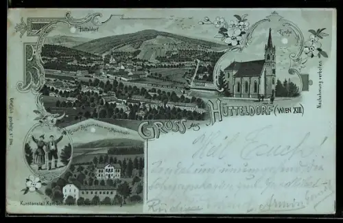 Mondschein-AK Wien, Hütteldorf, Kordon`s Restaurant mit Meierhof, Kirche, Ortsansicht mit umliegenden Feldern