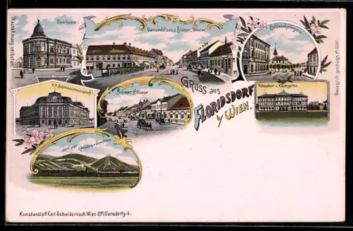Lithographie Wien-Floridsdorf, Gemeindehaus und Brünner Strasse, Schlosshofergasse, Sparkasse