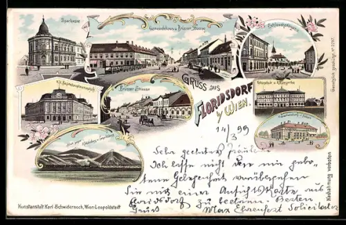 Lithographie Wien-Floridsdorf, Gemeindehaus und Brünner Strasse, Schlosshofergasse, Sparkasse