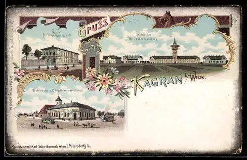 Lithographie Wien-Kagran, Büchl`s Specerei- und Eisen-Handlung, Österr. Filter-Genossenschaft