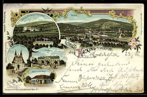 Lithographie Wien, Hacking, Handlung Joh. Pöhn, Schloss Arenberg, Erzbischöfl. Kapelle, Sanatorium