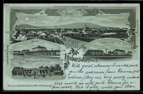 Mondschein-AK Leobersdorf /N.Ö., Bahnhof, Bahnhof-Restaurant und Tabak-Handlung, Arbeitshäuser, Totalansicht des Ortes