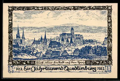 Künstler-AK sign. Spitzmann: Quedlinburg, Jahrtausendfeier 1922, Blick über die Stadt