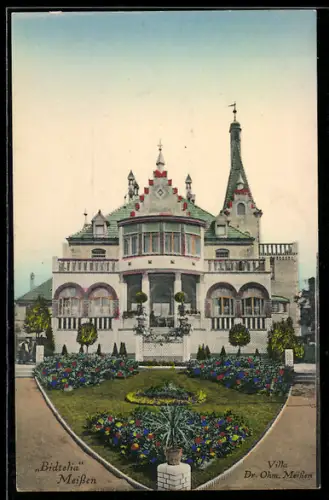 AK Meissen, Villa Dr. Ohm, Bidtelia, Aussenansicht mit farbenfrohem Garten