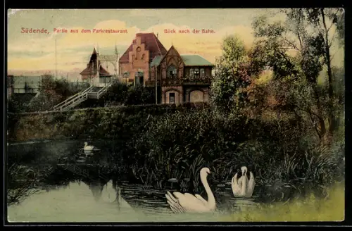 AK Berlin-Südende, Park-Restaurant Paresü, Blick zum Bahnhof Südende