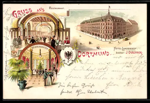 Lithographie Dortmund, Hotel Lindenhof J. Duschner mit Restaurant und Wintergarten