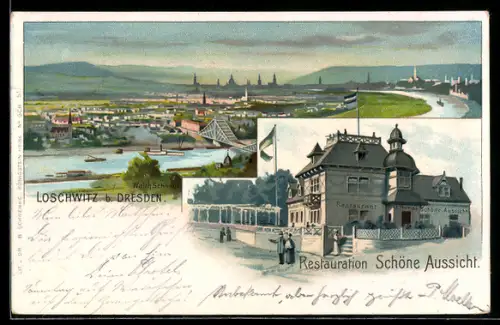 Lithographie Dresden-Loschwitz, Restauration Schöne Aussicht, Panoramaansicht der Stadt mit der Elbe