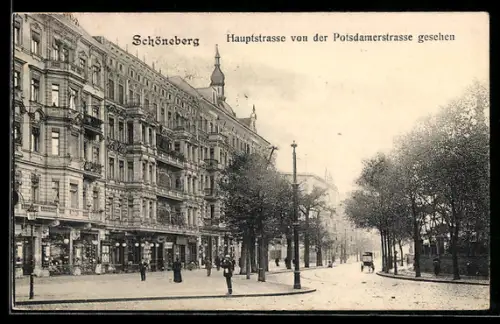 AK Berlin-Schöneberg, Blick in die Hauptstrasse mit Wohnhäusern und Geschäften