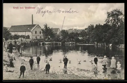 AK Dreileben, Kinder am Ufer stehend