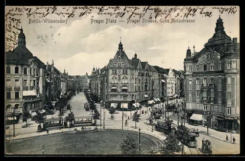 AK Berlin-Wilmersdorf, Prager Platz mit Strassenbahn, Prager Strasse Ecke Motzstrasse