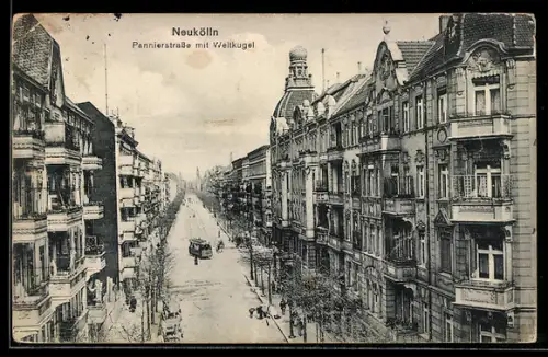 AK Berlin-Neukölln, Pannierstrasse mit Weltkugel, Strassenbahn