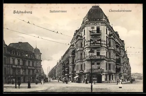 AK Schöneberg, Sedanstrasse und Cheruskerstrasse mit Zahn-Atelier und Plissee-Brennerei H. Kroh