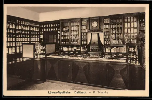 AK Delitzsch, Löwen-Apotheke A. Schunke, Innenansicht mit Tresen