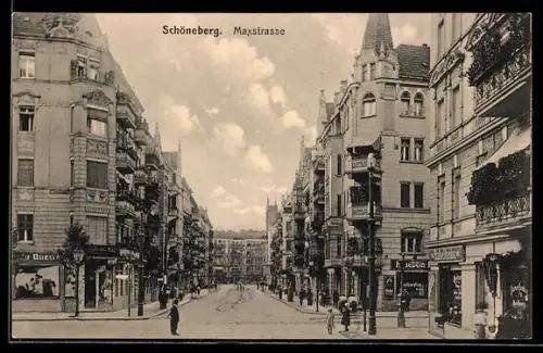 AK Berlin-Schöneberg, Maxstrasse mit Restaurant und Musikgeschäft
