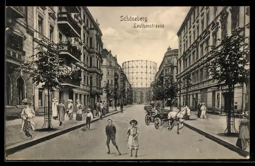 AK Schöneberg, Leuthenstrasse mit Gasometer und Cigarren-Geschäft