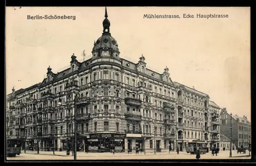 AK Berlin-Schöneberg, Mühlenstrasse Ecke Hauptstrasse mit Cigarren-Geschäft Loeser & Wolff